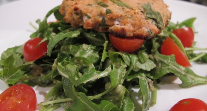 Wild Salmon Cakes with Arugula Avocado Salad