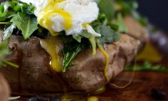 Stuffed Sweet Potatoes With Black Beans, Arugula & A Poached Egg