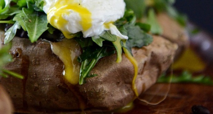 Stuffed Sweet Potatoes With Black Beans, Arugula & A Poached Egg