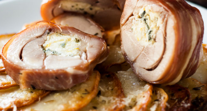 A Culinary Classic Kicked-Up A Notch: Ricotta-Wrapped Prosciutto Chicken With Creamy Scalloped Potatoes