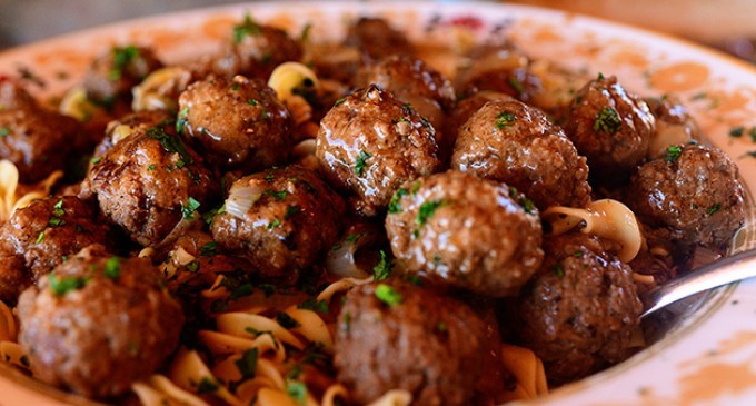 Savory, Salisbury Steak Meatballs On Top Of Buttered Egg Noodles