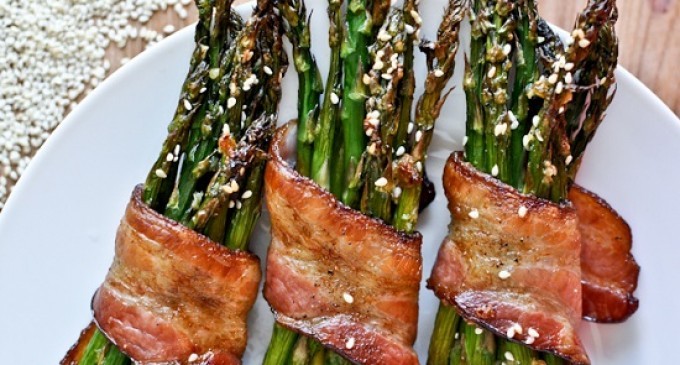 Bacon-Wrapped & Caramelized Sesame Asparagus Skewers