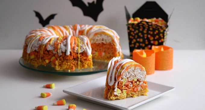Candy Corn Krispie Cake Will Make Any Halloween Party Festive