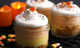 No Bake Mason Jar Candy Corn Cheesecake for Halloween