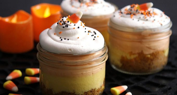 No Bake Mason Jar Candy Corn Cheesecake for Halloween